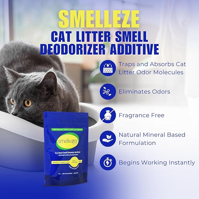 SMELLEZE Natural Cat Litter Smell Eliminator Deodorizer Additive: 2 lb. Rids Strong Urine & Poop Stench. Change Kitty Box Litter Less. Safe for Cats. Unscented