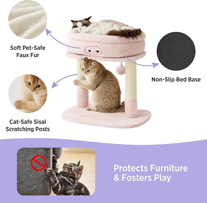Lesure Cute Cat Tree Tower - Cat Tower with Nature Sisal Scratching Post for Indoor Large Cats and Kittens, Featuring with Soft Removable Cat Bed,Wide Perch, Playful Toy, 22x16.5x22.8in,Pink