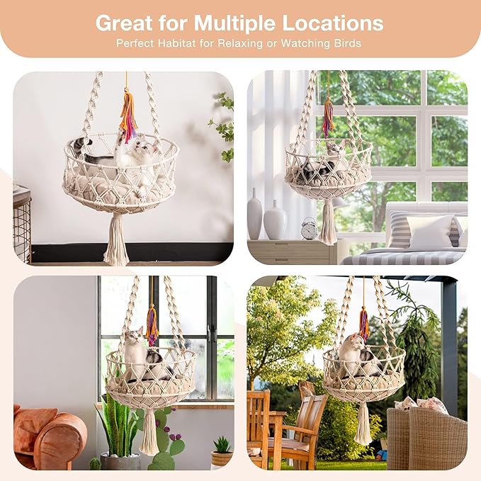 MEWOOFUN Hanging Macrame Cat Hammock Bed, Cat Swing Bed Space Saving Window Perch with Washed Cotton Mat & Funny Cat Toy for Indoor Cats
