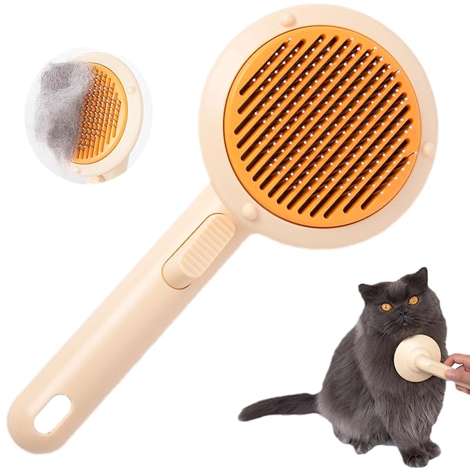 Cat Brush With Release Button Self Cleaning Cat Hair Brush Flea Comb Cat Brush For Shedding Indoor Cat Long Haired Short Haired Dog Grooming Supply Cat Essential Hangable UFO Shape (yellow)