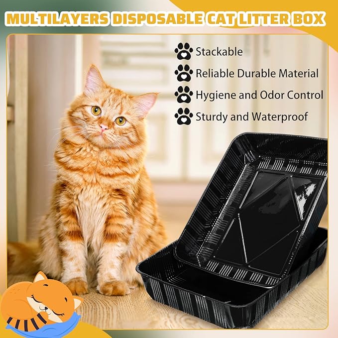Zubebe 50 Pack Disposable Cat Litter Box for Cats, Large Disposable Kitty Litter Tray Box 19.69 x 15.75 x 3.94 inches Plastic Litter Box Pan Standard for Indoor Home Travel Portable(Black)