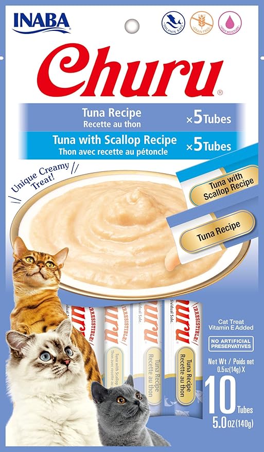 INABA Churu Cat Treats, Grain-Free, Lickable, Squeezable Creamy Purée Cat Treat/Topper with Vitamin E & Taurine, 0.5 Ounces Each Tube, 10 Tubes Total/Two Flavors, Tuna and Scallop Variety
