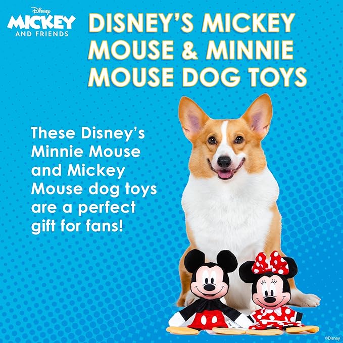 Mickey Mouse & Minnie Mouse Plush Squeaker with Crinkle Flattie Body Dog Toy Set | Disney Dog Toys | Plush Squeaker Toy for Dogs Inspired by Mickey Mouse, 13.5in - 2 Pack