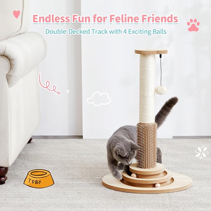 Made4Pets 23" Tall Sisal Cat Scratcher Post with Self Groomer, 4-in-1 Interactive Trackball Toys, Vertical Climbing Tree with Dangling Balls
