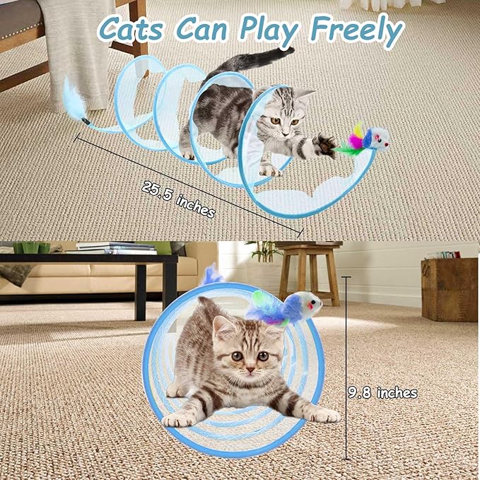 1PCS Folded Cat Tunnel Toy, Cat Tunnel Mice Tube Cat Springs for Indoor with Feather, Mouse Toys Interactive Cat Toy Tunnel Self-Happy Cat Toys, S-Type Collapsible Tent Blue