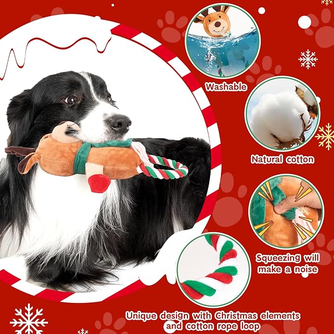 Squeaky Dog Toys - 1Pcs Christmas Elk Squeak Rope Chew Toy, Interactive Christmas Dog Toy Gifts for Small Medium and Large Breed
