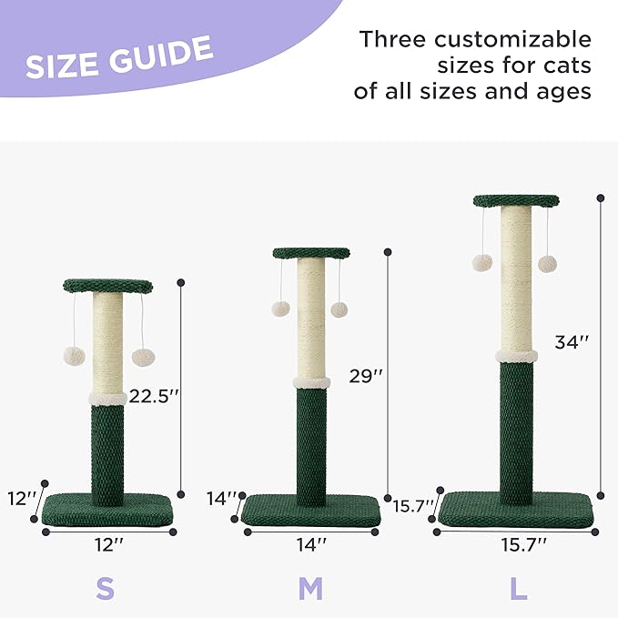 Lesure 34" Tall Cat Scratching Post - Highly Resistant Carpet Scratch Post, Premium Sisal Rope Scratch Posts Kitten and Adult Cats, Sturdy Large Scratch Pole with Hanging Ball, Green