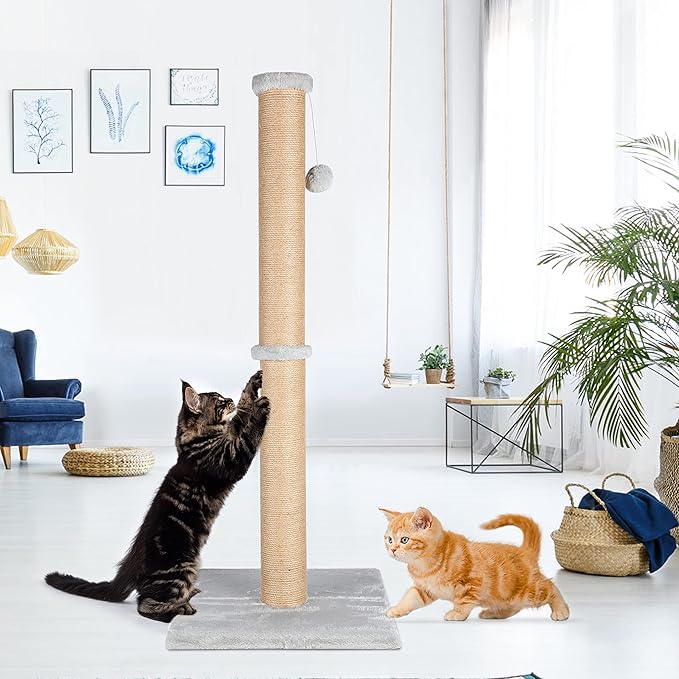 FluffyDream 37'' Cat Scratching Post, Natural Sisal Rope Scratcher with Dangling Teaser Ball and Covered with Soft Plush for Kittens and Adult Cats, Sand Color