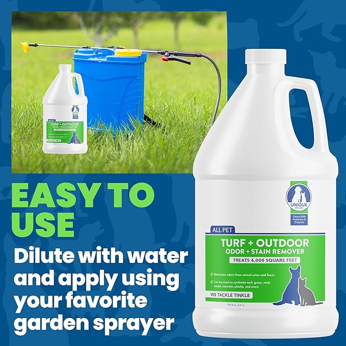 Unique Turf & Outdoor Odor and Stain Remover, Outdoor Pet Odor Eliminator, Removes Animal Odors and Stains from Yard, Grass, Other Outdoor Spaces, 128 oz. Liquid Concentrate