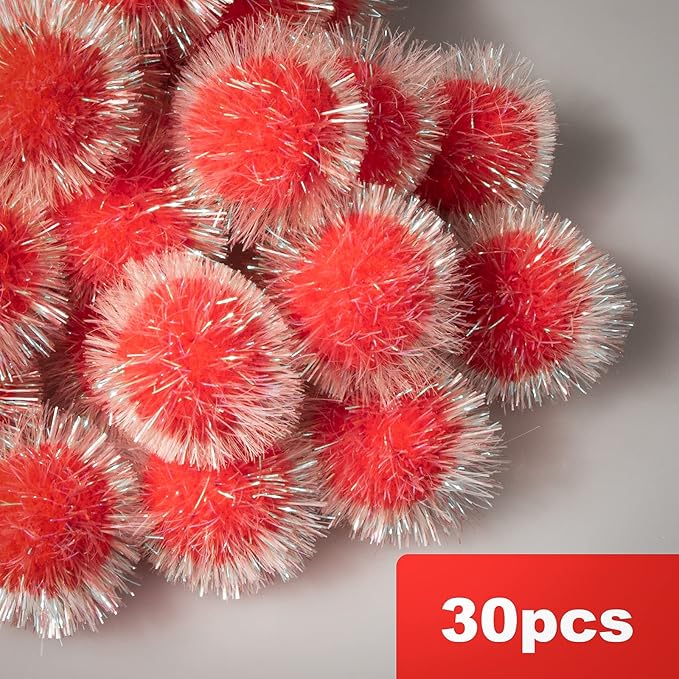 VAPKER 30 Pcs Cat Ball Toys Sparkle Balls Extra Large 2 Inch Cat's Favorite Chase Glitter Ball Glitter Tinsel Pom Poms Balls Red Color