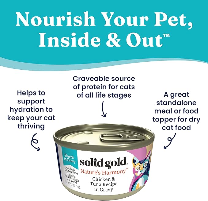 Solid Gold Nature's Harmony Wet Cat Food - Chicken & Tuna Shreds in Gravy - Canned Cat Food, 24 Pack
