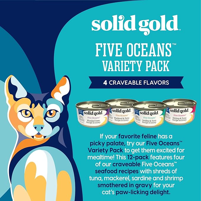 Solid Gold Five Oceans Wet Cat Food Variety Pack - Seafood - Canned Cat Food, 12 Pack
