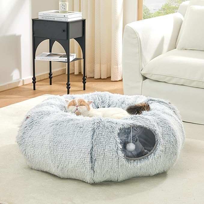 JIUPETY Cat Tunnel Bed with Soft Plush Mat, Collapsible Tube Playground, Cat Toy Tunnel for Indoor Cats, Kitten, Rabbit, Ferret, Fluffy Plush Material, Includes Dangling Balls, Light Grey
