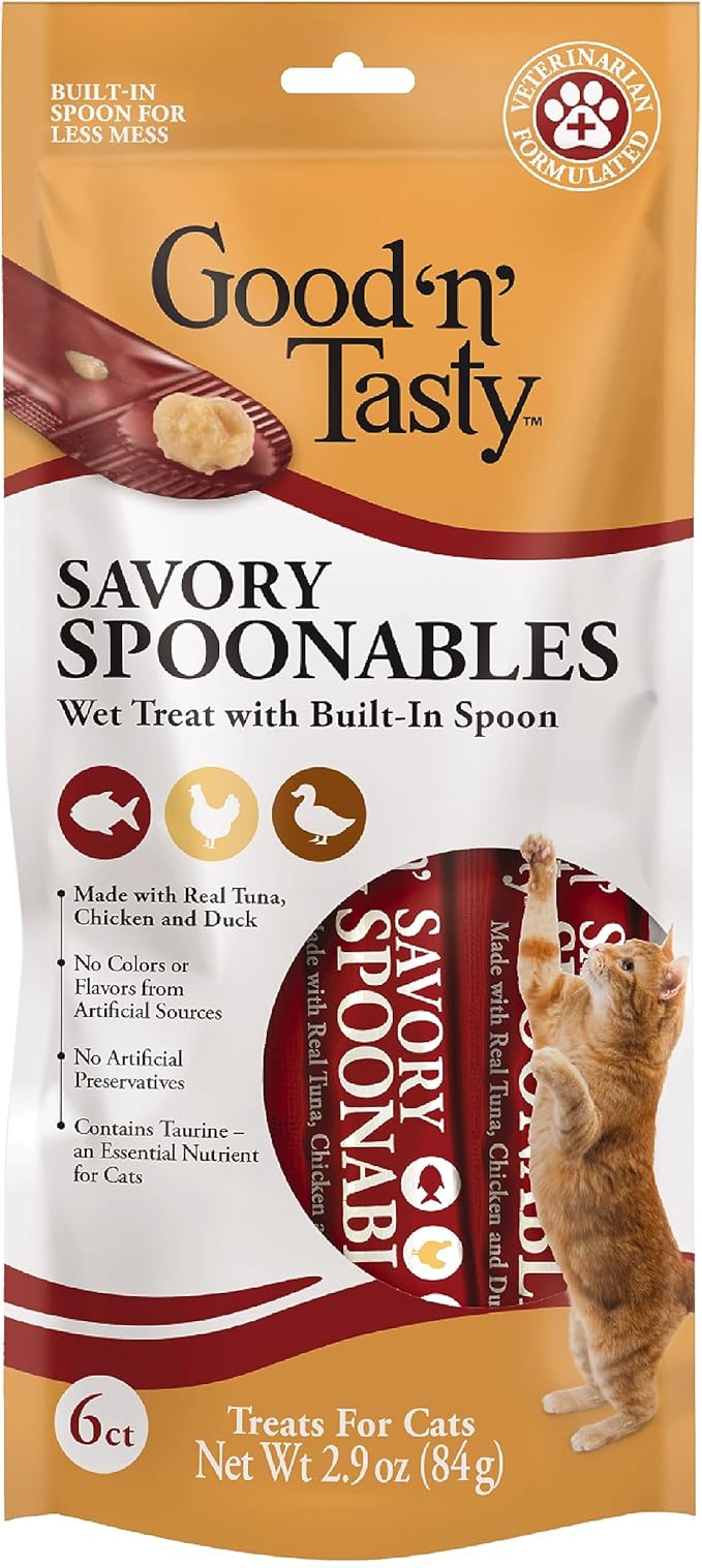 Good ‘n’ Tasty Savory Spoonables with Real Tuna, Chicken & Duck, 6 Count Tube, Triple Flavor Squeezable Lickable Wet Treats for Cats with Built-in Spoon for Less Mess