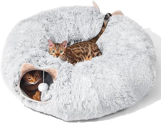 Cat Tunnel with Cat Bed for Indoor Cats, Under Christmas Tree Soft Plush Peekaboo Cat Cave Donut Tunnel, Multifunctional Cat Playground Toys Hideplace for Cats, Kittens, Rabbit, Ferret (Grey)