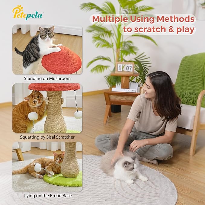 PETEPELA Mushroom Cat Scratching Post, Cat Scratcher Cute with 100% Sisal Covered Scratching Post & Pompoms Cat Toy, Mushroom Cat Post for Indoor Cats