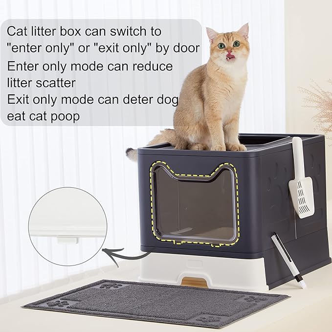 Suhaco Cat Litter Box with Lid Large Foldable Front Entry Top Exit Kitty Litter Box with Cat Litter Mat, Covered Kitten Litter Tray for Indoor Cats with Litter Scoop & Cleaning Brush Easy Clean(Black)