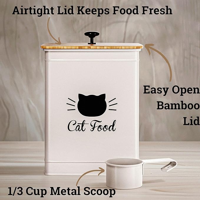 Cat Food Storage Container with Scoop - 25 Cup Capacity White Cat Food Container with Airtight Bamboo Lid - Metal Cat Food Bin - Cat Food Holder Storage - Pet Food Storage Container - Kibble Container