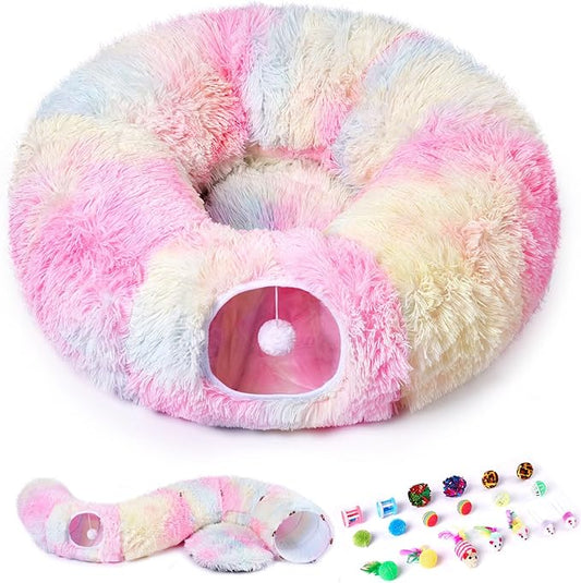 Odoland Cat Tunnels Bed with 20 Cat Toys for Indoor Cats, Plush Cat Couch Tunnel Bed for Kitten, Cat Cave Donut Tunnel - Detachable Soft Cat Bed and Variety Kitty Toy Set, Pink