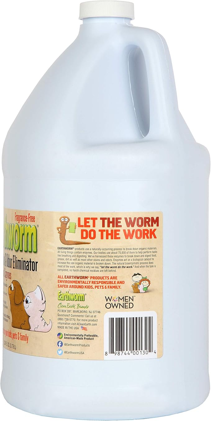 Earthworm Pet Stain Remover & Odor Eliminator- Removes Urine Smell with Natural Enzyme Formula, Fragrance Free Spray - 128 oz