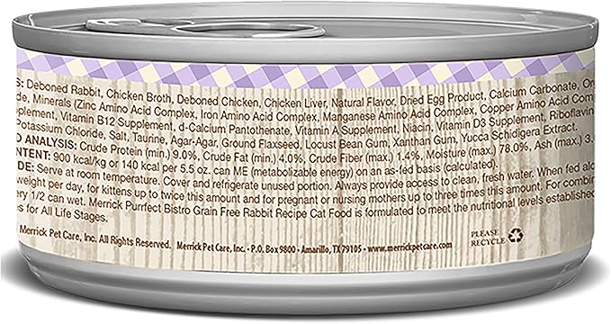 Merrick Purrfect Bistro Canned Cat Food, Rabbit Pâté Recipe, Grain Free Natural Cat Food with Added Vitamins & Minerals, for All Life Stages, 5.5 OZ Can (Pack of 18)