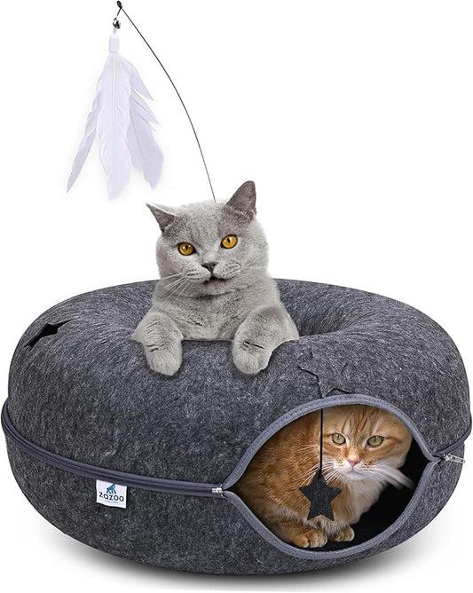 ZAZOO Peekaboo CAT CAVE, Large Size CAT Tunnel with Feather Stick and Playing Holes, Comfy CAT Donut, SCREATCH Resistance & Washable CAT Bed CAVE for Large & MULTIPALE Cats UP to 30LBS.