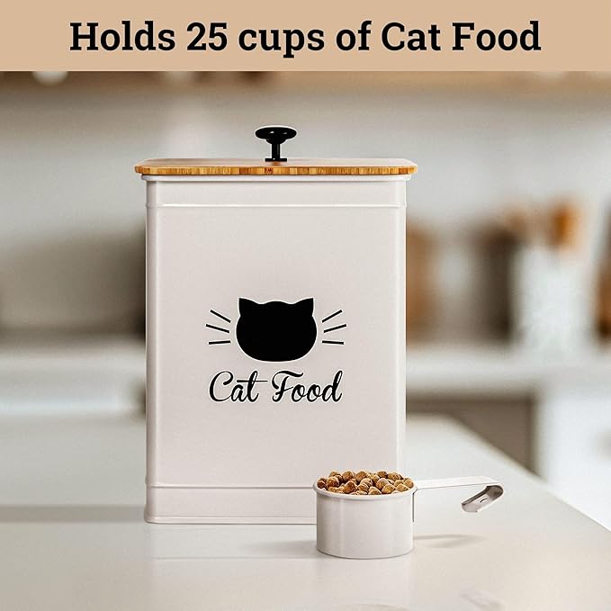 Cat Food Storage Container with Scoop - 25 Cup Capacity White Cat Food Container with Airtight Bamboo Lid - Metal Cat Food Bin - Cat Food Holder Storage - Pet Food Storage Container - Kibble Container