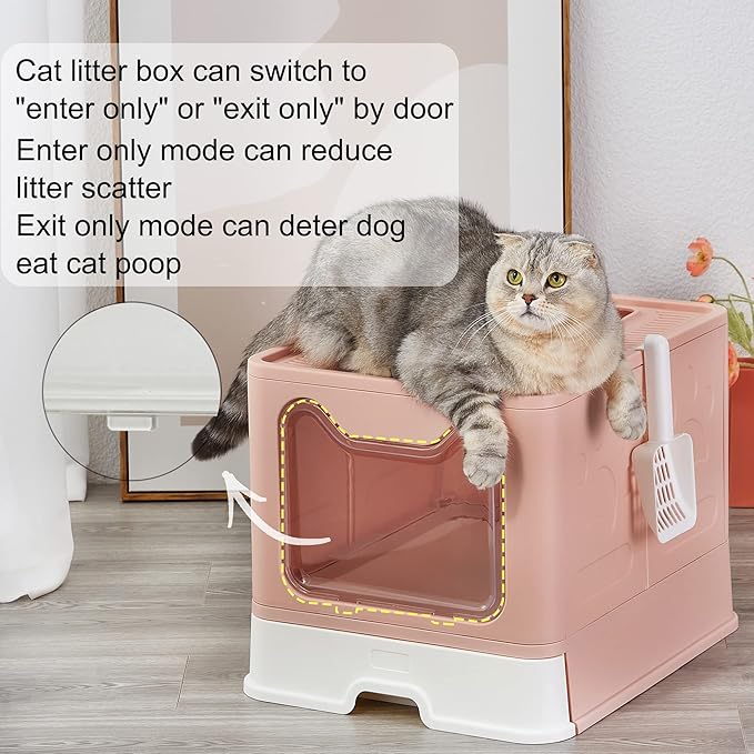 Suhaco Cat Litter Box with Lid Large Foldable Front Entry Top Exit Kitty Litter Box with Cat Litter Mat, Covered Kitten Litter Tray for Indoor Cats with Litter Scoop & Cleaning Brush Easy Clean (Pink)