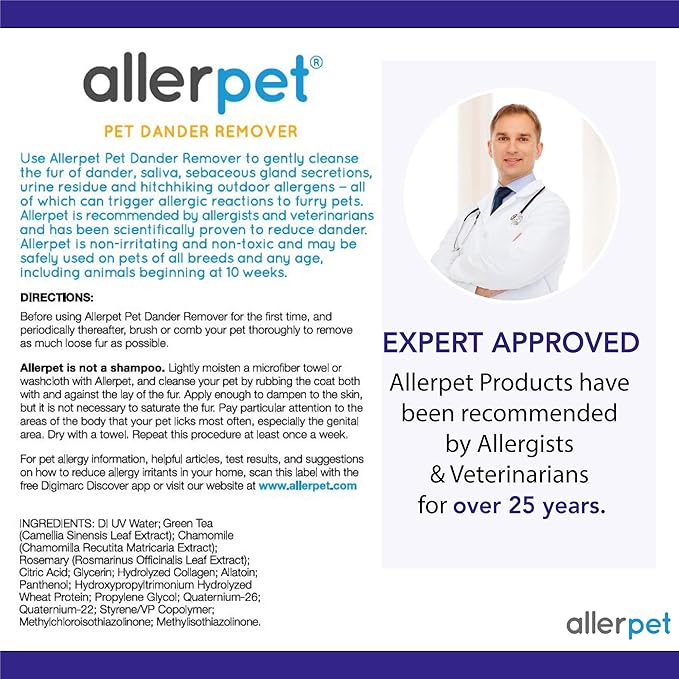 Allerpet Single Solution 16 fl oz Bottle Dander Remover for Pets (2 Pack) - Relieves Allergies - Bonus Mitt to Easily Apply Solution to Your Pet
