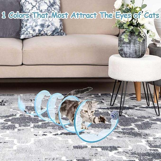Cat Tunnel, Folded Cat Tunnel Toy 1PCS, Blue Sisal Hemp Ball Tube Cat Springs for Indoor with Feather, Mouse Toys Interactive Cat Toy Tunnel Self-Happy Cat Toys, S-Type Collapsible Tent