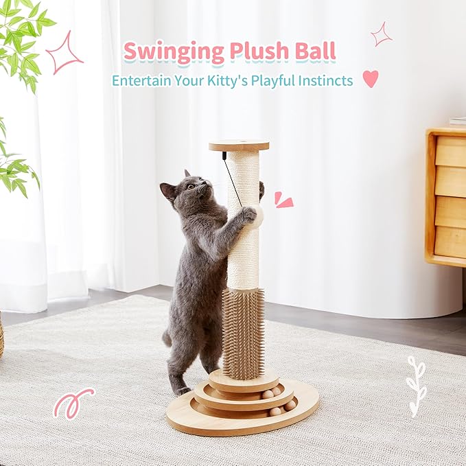 Made4Pets 23" Tall Sisal Cat Scratcher Post with Self Groomer, 4-in-1 Interactive Trackball Toys, Vertical Climbing Tree with Dangling Balls