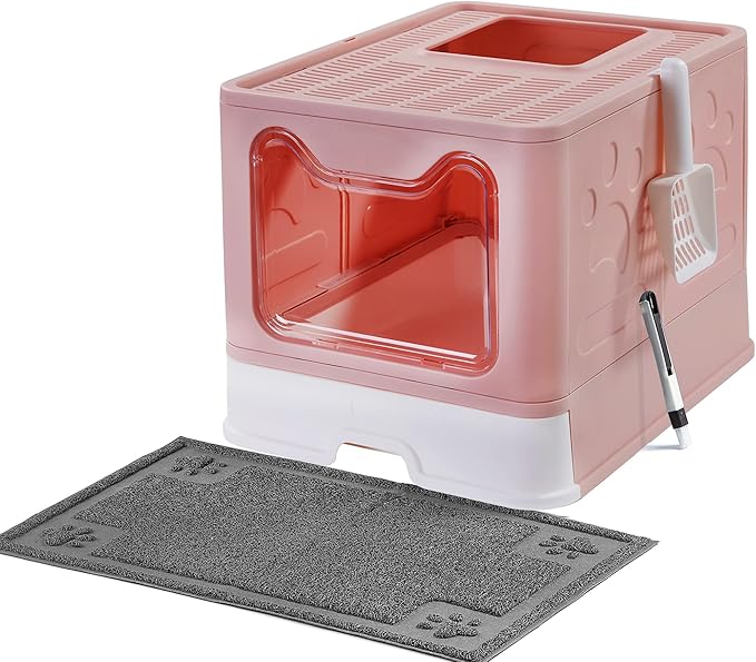 Suhaco Cat Litter Box with Lid Large Foldable Front Entry Top Exit Kitty Litter Box with Cat Litter Mat, Covered Kitten Litter Tray for Indoor Cats with Litter Scoop & Cleaning Brush Easy Clean (Pink)