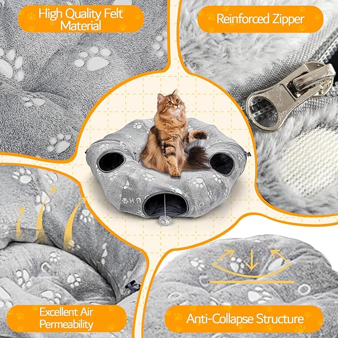 Lahas Cat Tunnels Bed for Indoor Cats - Donut Tubes Adjustable Shape, Washable Circle Cushion, Pet Play Balls and Holes, Self-Luminous Cat Toys