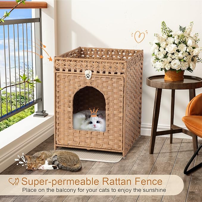 Snughome Cat Litter Box Enclosure Furniture Hidden with Cat Litter Mat, Hidden Cat Washroom Furniture with Door, Handwoven Rattan Cat Washroom Box, Indoor Pet House for Living Room, Bedroom(Natural)