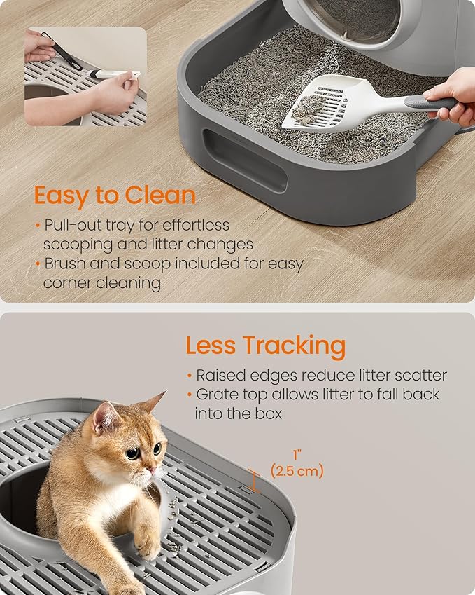 Feandrea Cat Litter Box with Lid, XL Enclosed Litter Box with Slide-Out Tray, Scoop, Brush, Anti-Tracking, for Cats of Different Sizes, Dove Gray and Slat Gray UPPT002B01