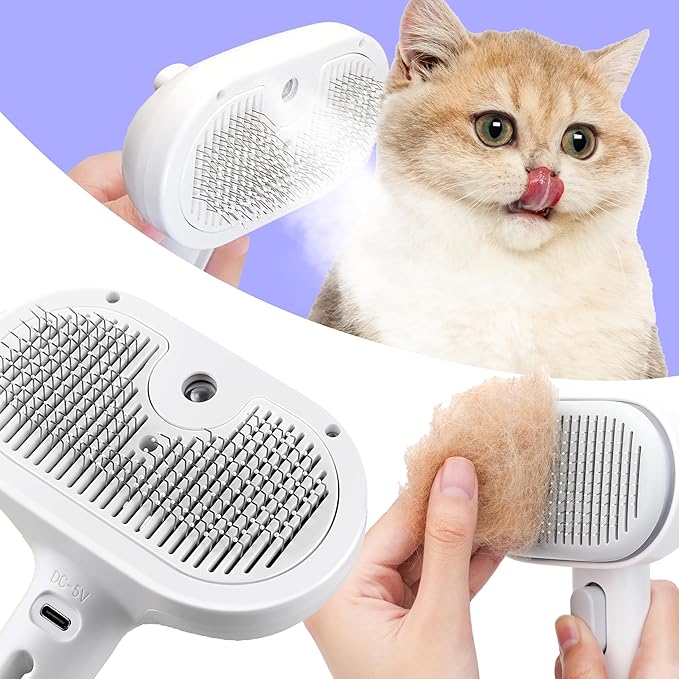 Cat Steam Brush, Rechargeable Silicone Cat Brush for Shedding, 3 in 1 Pet Hair Removal Tool, Self Cleaning Steamy Cat Brush for Massage, Dog Brush for Shedding, Cat&Dog Hair Remover, Cat Accessories