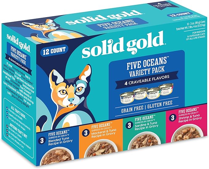 Solid Gold Five Oceans Wet Cat Food Variety Pack - Seafood - Canned Cat Food, 12 Pack