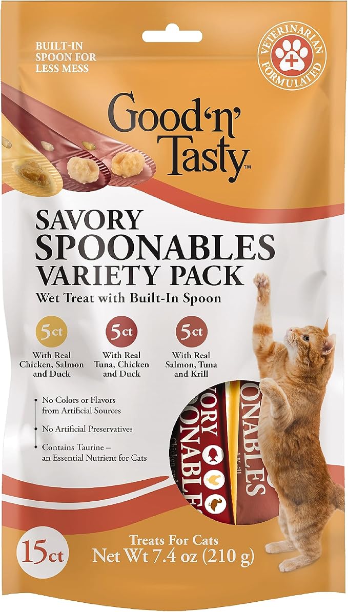 Good ‘n’ Tasty Savory Spoonables Variety Pack, 15 Count Tube, Triple Flavor Squeezable Lickable Wet Treats for Cats with Built-in Spoon for Less Mess