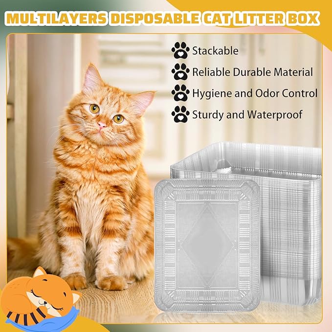 Zubebe 50 Pack Disposable Cat Litter Box for Cats, Large Disposable Kitty Litter Tray Box 19.69 x 15.75 x 3.94 inches Plastic Litter Box Pan Standard for Indoor Home Travel Portable(Clear)