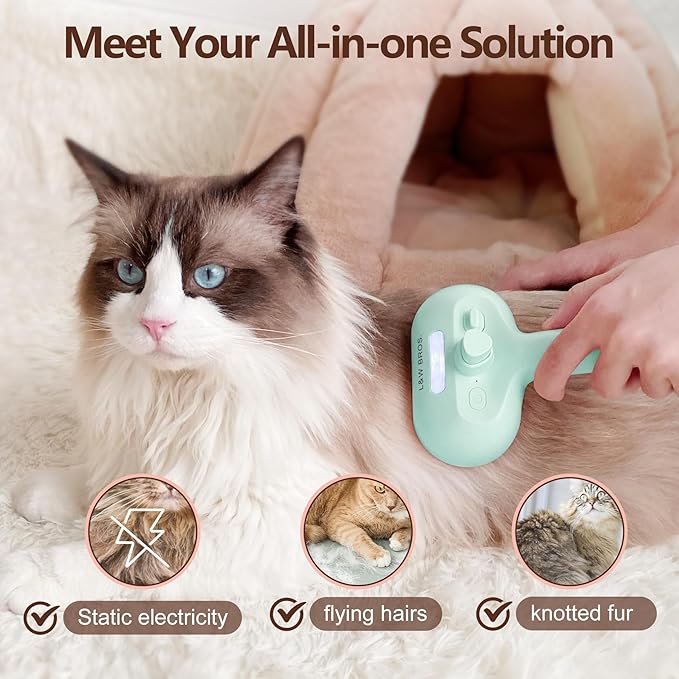 L&W BROS. Cat Steam Brush for Shedding Self Cleaning Steamy Cat Brush Cats Hair Grooming Brush Misting Cat Brush for Long Haired Cats(Light Blue)