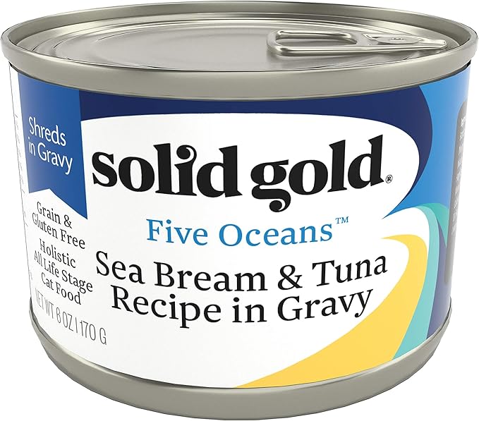 Solid Gold Wet Cat Food Shreds in Gravy - Canned Cat Food Made w/Real Tuna & Sea Bream - Five Oceans Grain Free 16ct/6oz Can