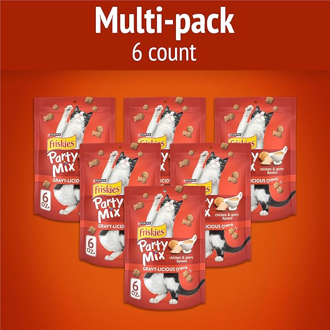 Purina Friskies Cat Treats, Party Mix Gravy-licious Crunch Chicken and Gravy Flavors - (Pack of 6) 6 oz. Pouches