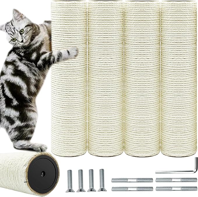Cat Scratching Post Replacement Pole,4 PCS 11.81in Cat Tree Replacement Post,Natural Sisal Cat Tree Replacement Parts with M8 Screws,Cat Scratch Post Replacement for Refurbishment