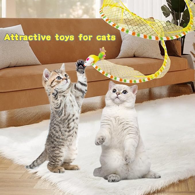 2 Pcs Cat Tunnels for Indoor Cats - S Type Foldable Cat Spiral Tunnel Toy, Decompression Interactive Self-Play Cat Hunting Spiral Tunnel Toy with Ribbon Bell Feather Balls Blue, Blue+Yellow