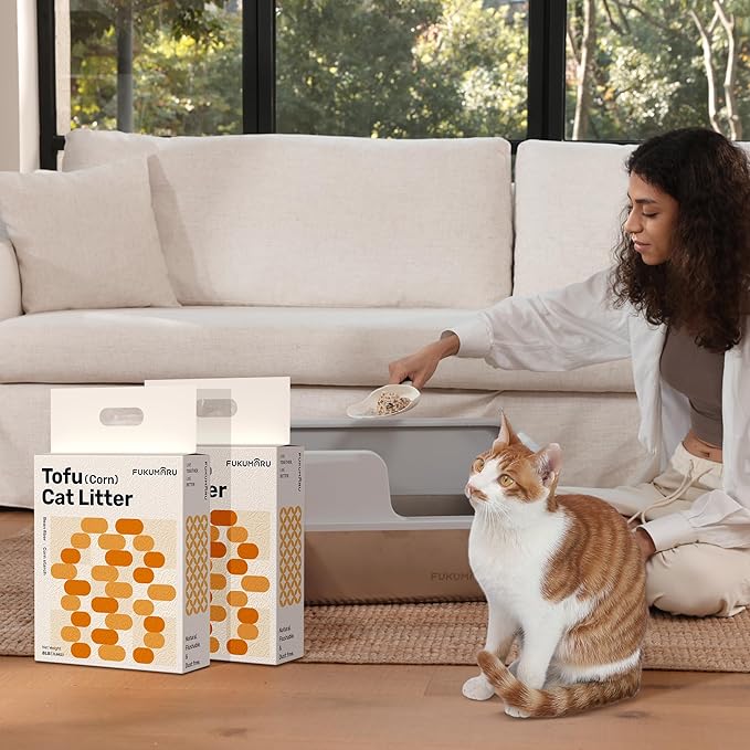 FUKUMARU Tofu Cat Litter Clumping, Low dust Cat Litter, 100% Natural Ingredients Litter, Flushable, Ultra Absorbent, Lightweight, Low Tracking Cat Litter Unscented, Odor Control (8lb x 4 Bags)