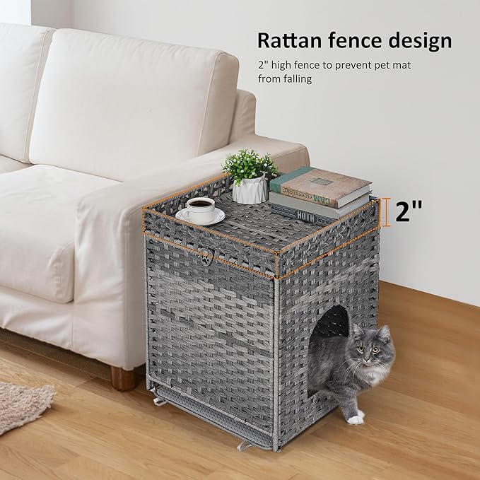 Cat Litter Box Enclosure with Soft Litter Mat; Hidden Cat Washroom Furniture with Door; Handwoven Rattan Cat House; Pet Crate for Living Room, Bedroom, Balcony (Grey)