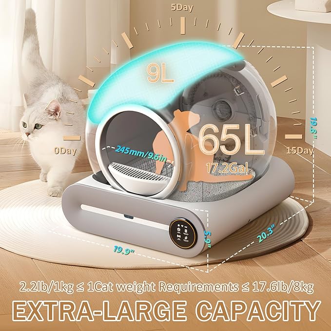 SUW Self Cleaning Litter Box, Automatic Cat Litter Box Self Cleaning for Multiple Cats, 65L+9L Robot, 3 Rolls Grabage Bags, Negative ion Deodorization, APP Control, Toilet Monitoring