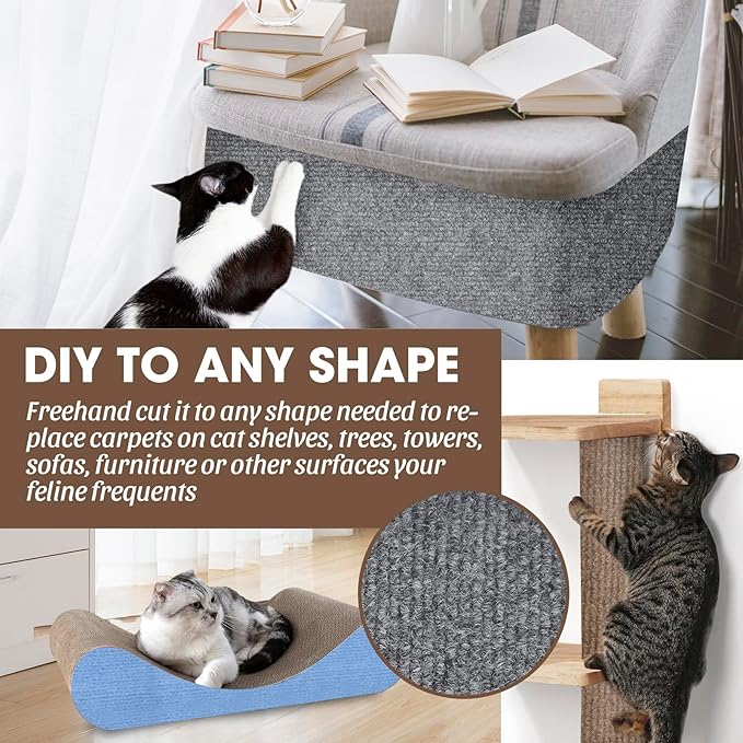 Cat Scratching Mat, 100"x16" Self-Adhesive Carpet Mat Trimmable Replacement for Cat Tree, Cat Wall Shelves, Cat Scratching Post, TanoFalo DIY Couch Furniture Protector (Dark Blue)