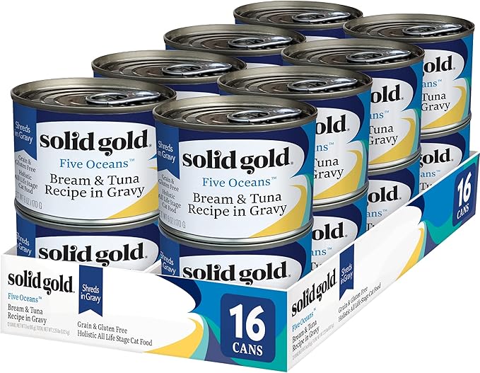 Solid Gold Wet Cat Food Shreds in Gravy - Canned Cat Food Made w/Real Tuna & Sea Bream - Five Oceans Grain Free 16ct/6oz Can
