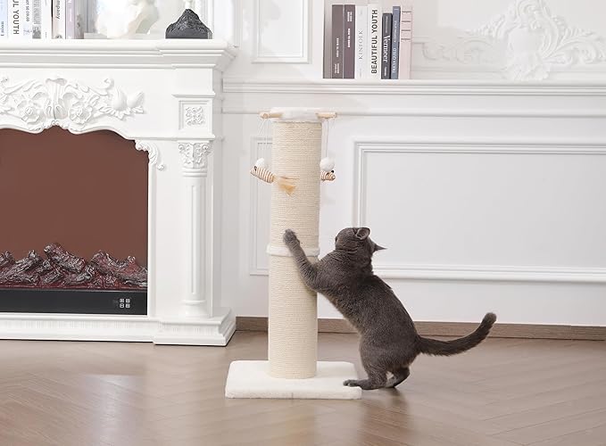 Cat Scratching Post, 32 Inch Large Cat Scratch Post for Adult Cats and Kittens, Nature Sisal with Hanging Toys, Modern Cat Scratcher for Indoor Cats, Protect Your Furniture, Beige